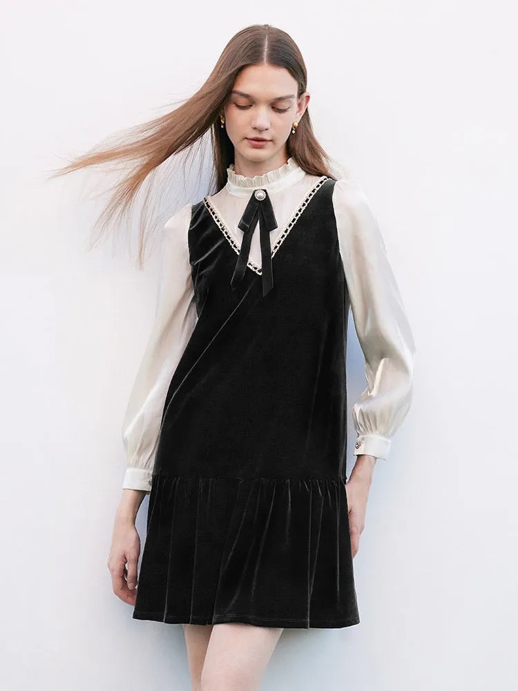 Goelia New Medium Black Velvet Patchwork Mini Dress With Tie